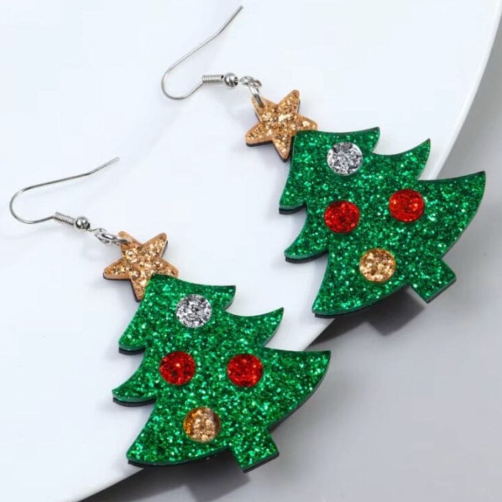 Glitter Christmas Tree Dangle Earrings NEW